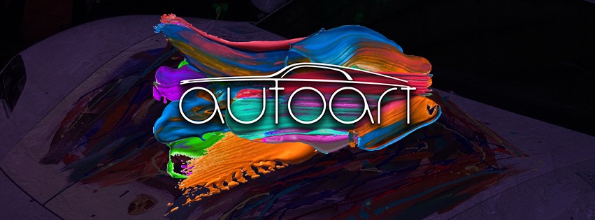 Imagen de silueta de un auto con fondo de colores y las letras autoart